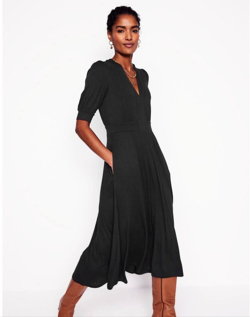 Boden Lily Jersey Midi Tea Dress US 10 NWT Black Puff Sleeve V Neck